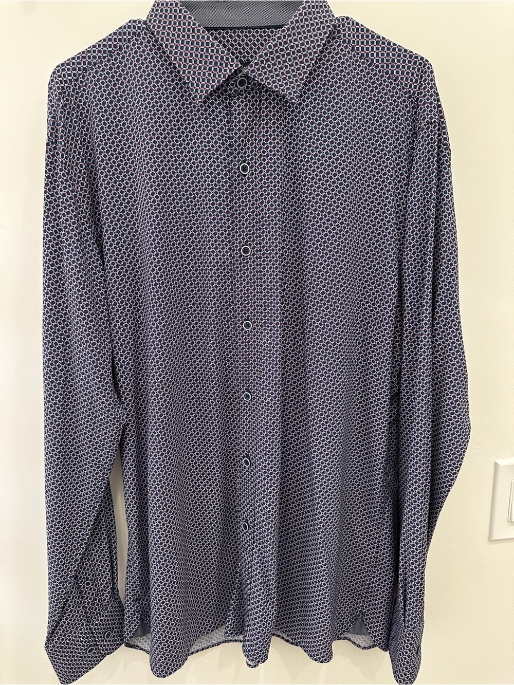 Bugatchi Men’s Navy and White Geometric Dress Shirt. Size Large